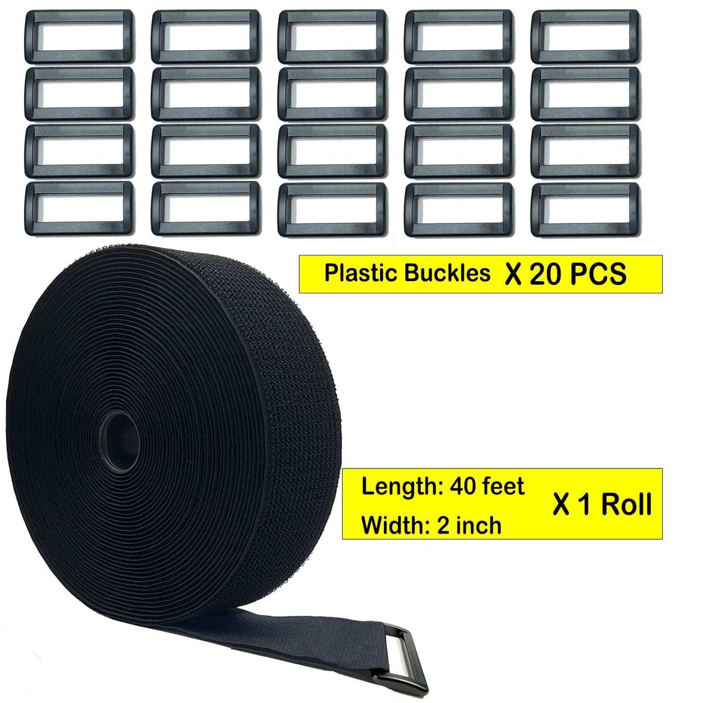 Wide 2" ×40 Ft Long Hook and Loop Cable Straps with 20 Heavy Plastic Buckles, Adjustable Nylon Tie Down Straps,Free Cut Length and Width, Reusable