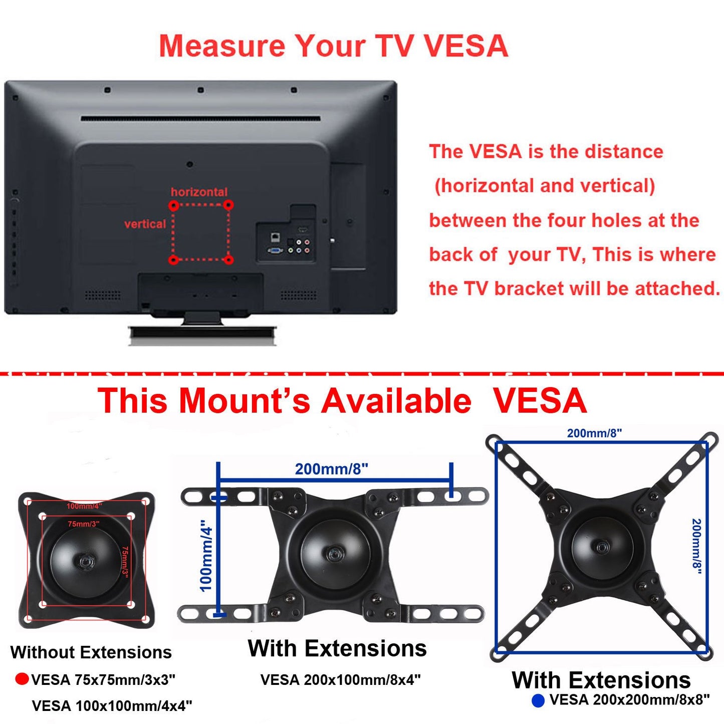 VideoSecu Rotation Tilting TV LCD Wall Mount for VESA 75X75/100X100/200X100/200x200mm TV LCD Monitor and Display W06