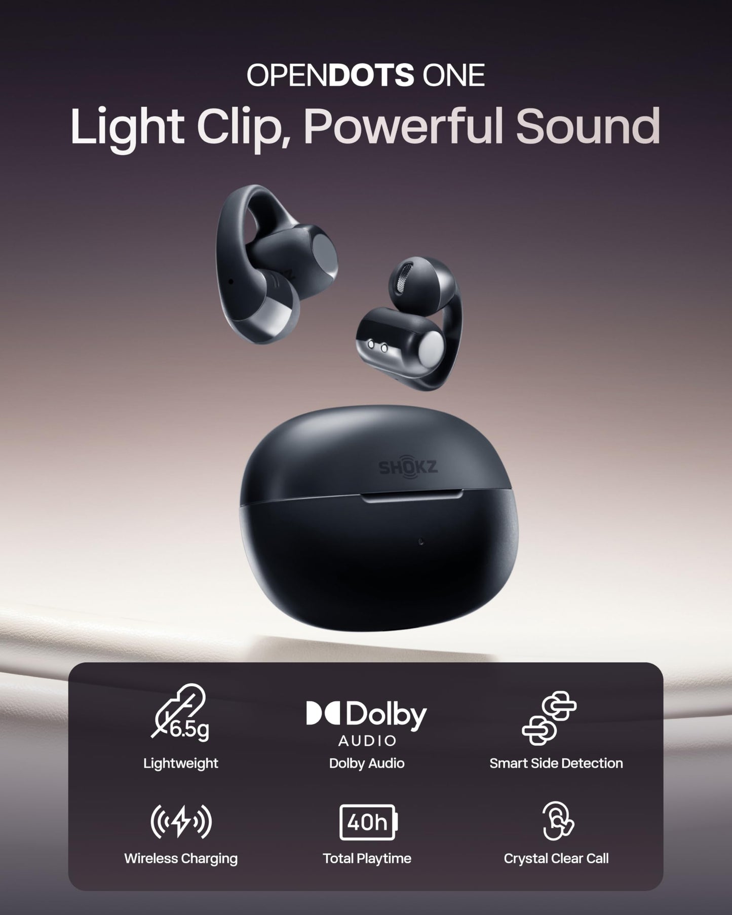 SHOKZ OpenDots ONE - Open-Ear Headphones Wireless Bluetooth Earbuds with Microphone, Secure, Lightweight, Clip-On Fit. Water Resistant - Fast Charging