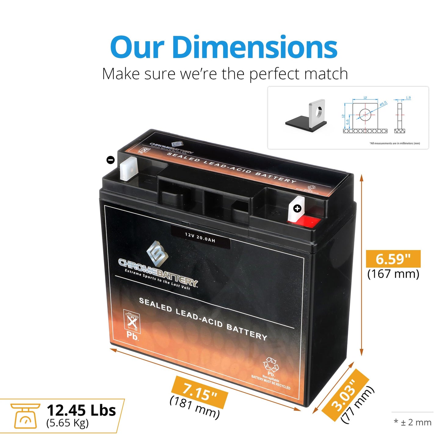 CB CHROMEBATTERY 12V 19AH T3 Maintenance-Free Battery for Alarm Systems, Scooters, Toys, Emergency Lights, and More - Nut and Bolt (T3) Terminal