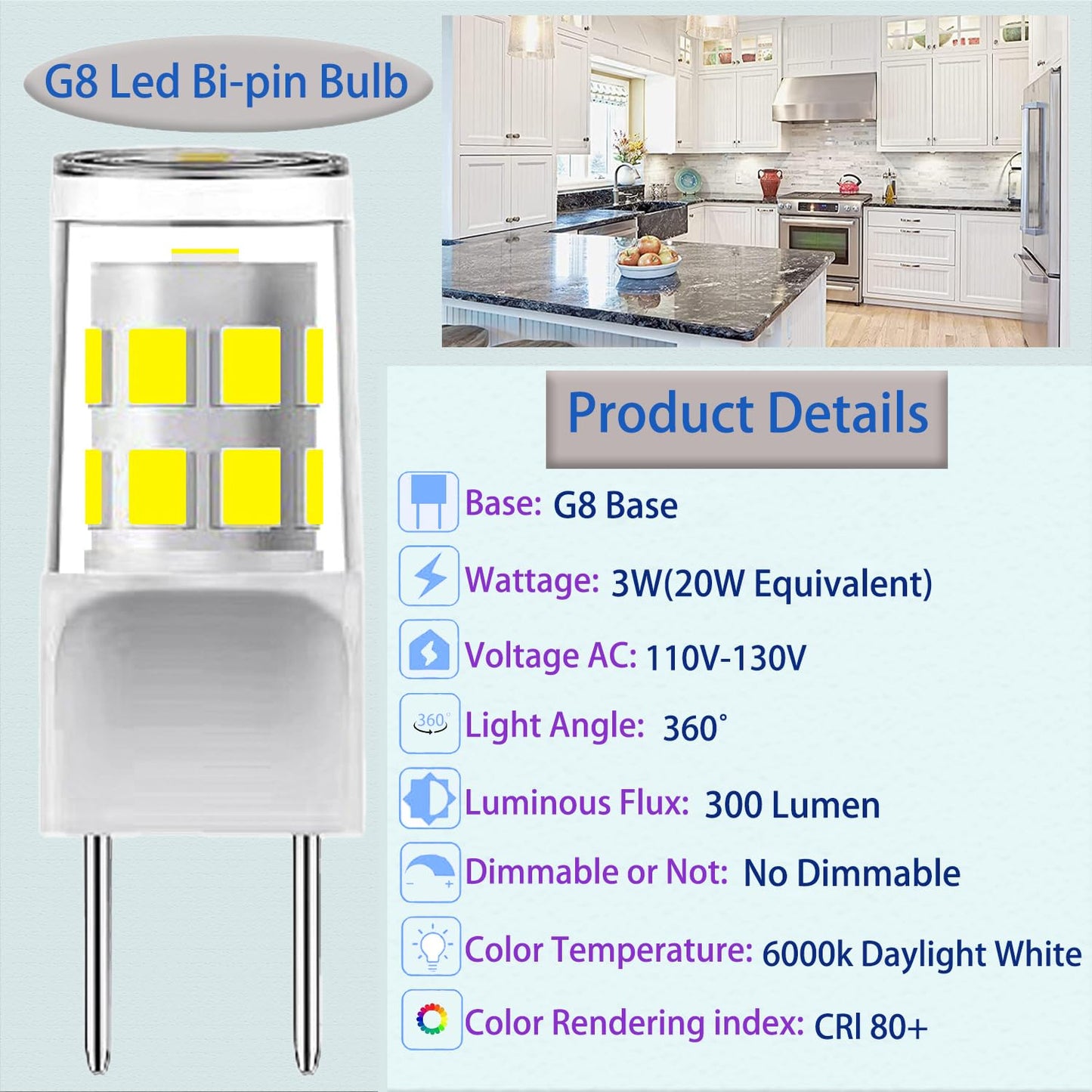 5Pack G8 Led Bulb,T4 3W Replacement 20-25W Halogen Bulb,6000K DaylightWhite