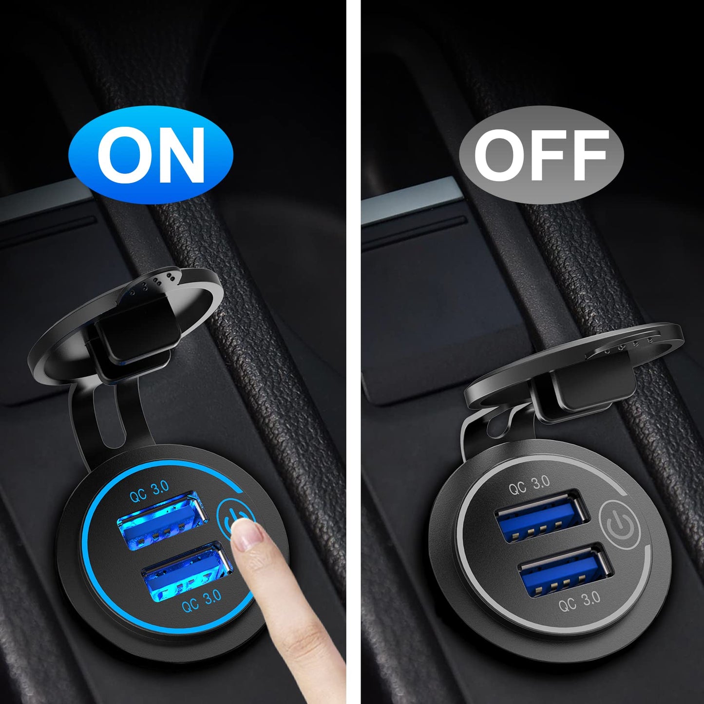 QC3.0 Dual USB 12V Outlet with Touch Switch: 12 Volt Marine Socket Golf Cart USB Port DC Car Charger Waterproof Power Adapter Cigarette Lighter Mount