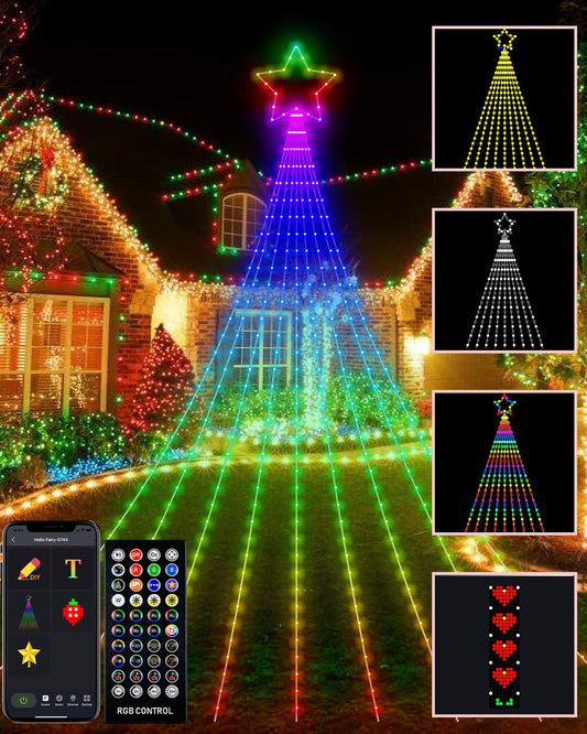 Outdoor Christmas Decorations Lights with Star, Smart DIY Custom Display 11.8Ft 100 Modes Yard Waterfall Tree String Lights, App Control 344LED RGB