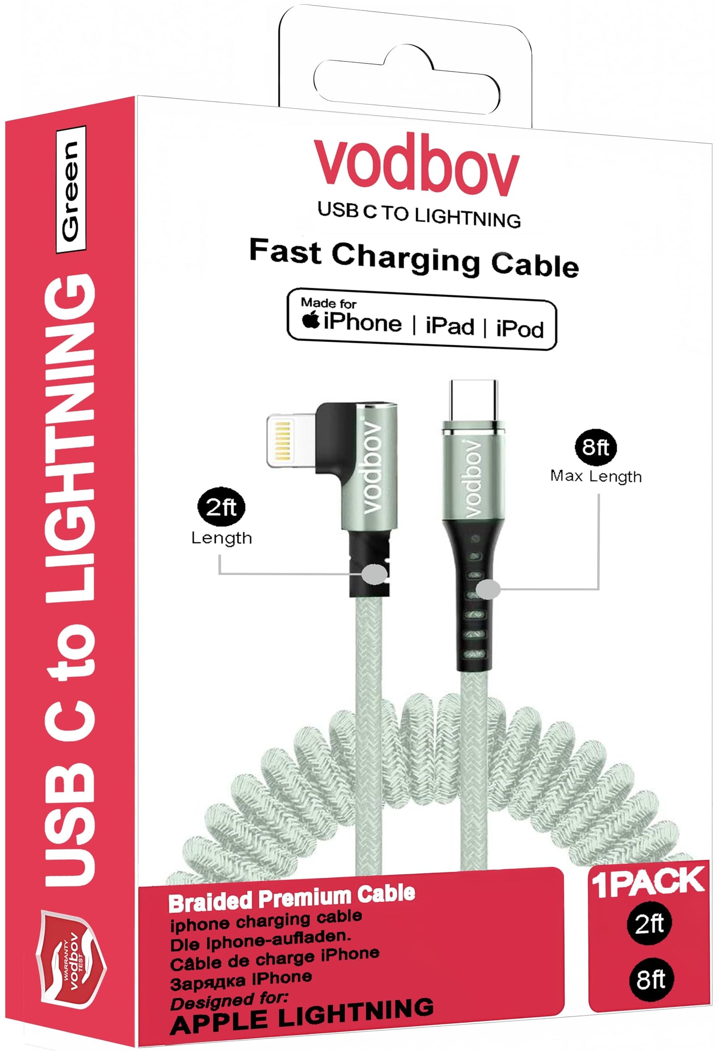 VODBOV Coiled USB-C to Lightning Cable (2ft, 3ft, 4ft, 5ft, 6ft Flexible Stretch to 8ft Max), 90° Right Angle iPhone Charger, Braided Fast Charge…