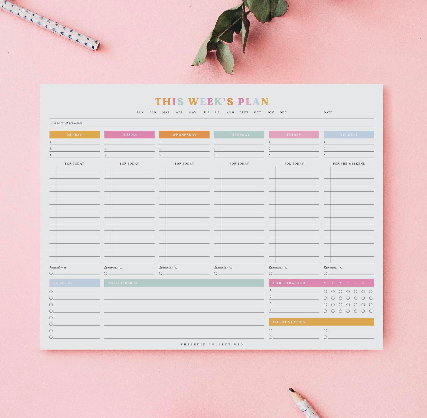 ThreeKin Weekly Planner - Premium 52-Sheet Tear-Off Notepad, 8.5 x 11 inches, Clean Colorful Design, Perfect for Work, School, Projects,