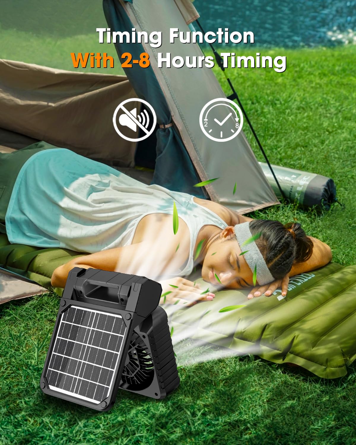 Solar Camping Fan 10400mAh, Solar Powered Fan with LED Lantern, 7W Rechargeable Battery Operated Fans for Outside, 4 Speeds, 2-8H Timer and Quiet