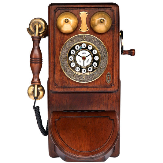Pyle Vintage Classic Wall-Mount Corded Phone - Retro Design with Crank Handle, Tone/Pulse Switch, Redial Function, Handcrafted Wood & Veneer, Antique