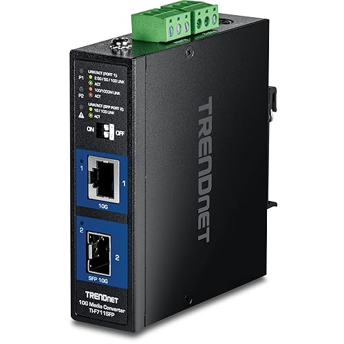TRENDnet Industrial 10G SFP+ Media Converter, TI-F711SFP, Extreme Temperature IP50 Rated, Ethernet Splitter, DIN-Rail and Wall Mounts Included, NDAA