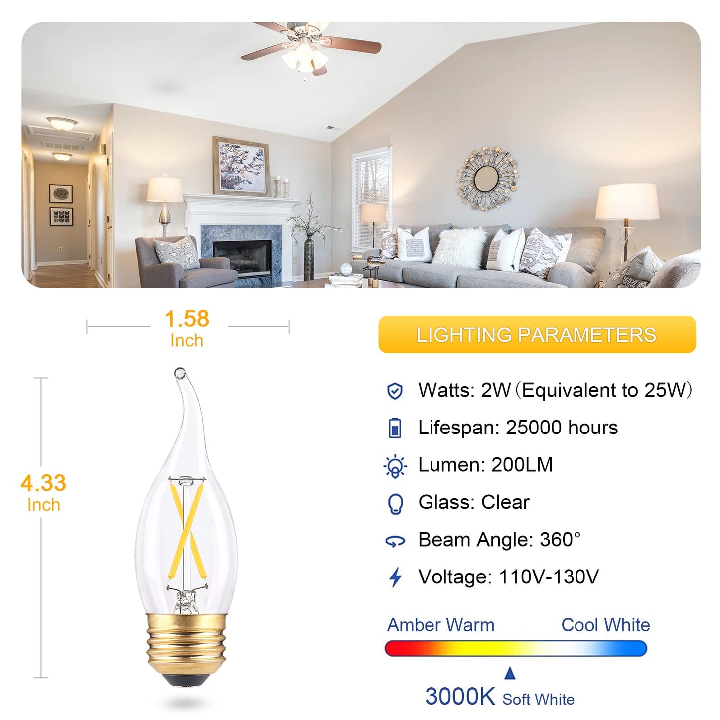 EQ Lighting Dimmable E26 LED Candelabra Bulbs, 25Watt Equivalent, Soft White 3000K, Clear Glass CA10 Flame Tip Shape, 2W LED Candle Light Bulbs