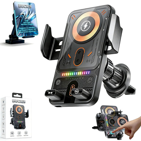 2026 New Cool Car Wireless Fast Charging Holder, 15W Auto-Clamping Wireless Car Charger Mount with 90° Rotating, Universal Air Vent Phone Holder