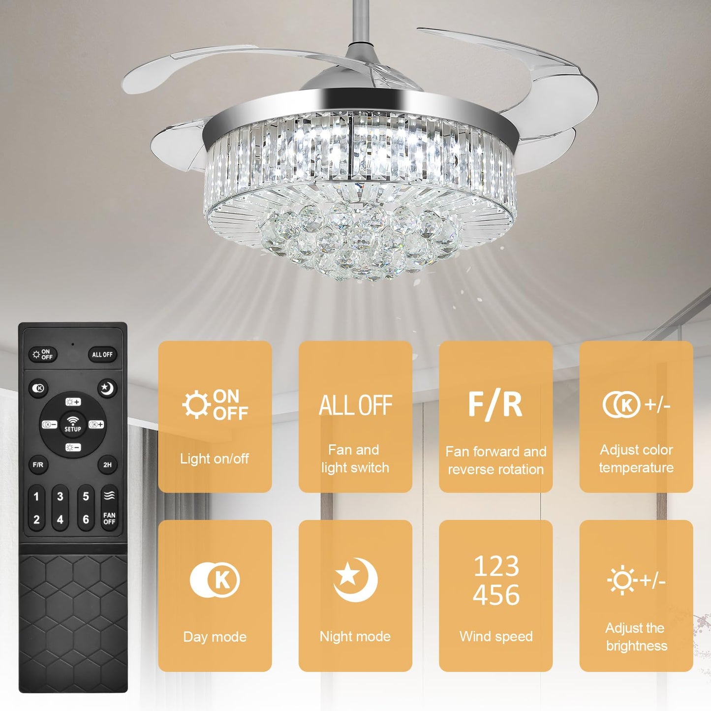 Bavnnro 42'' Fandelier Ceiling Fans with Light, Silver Retractable Crystal Chandelier Fan, Reversible, Remote Control, Dimmable Ceiling Light Kits
