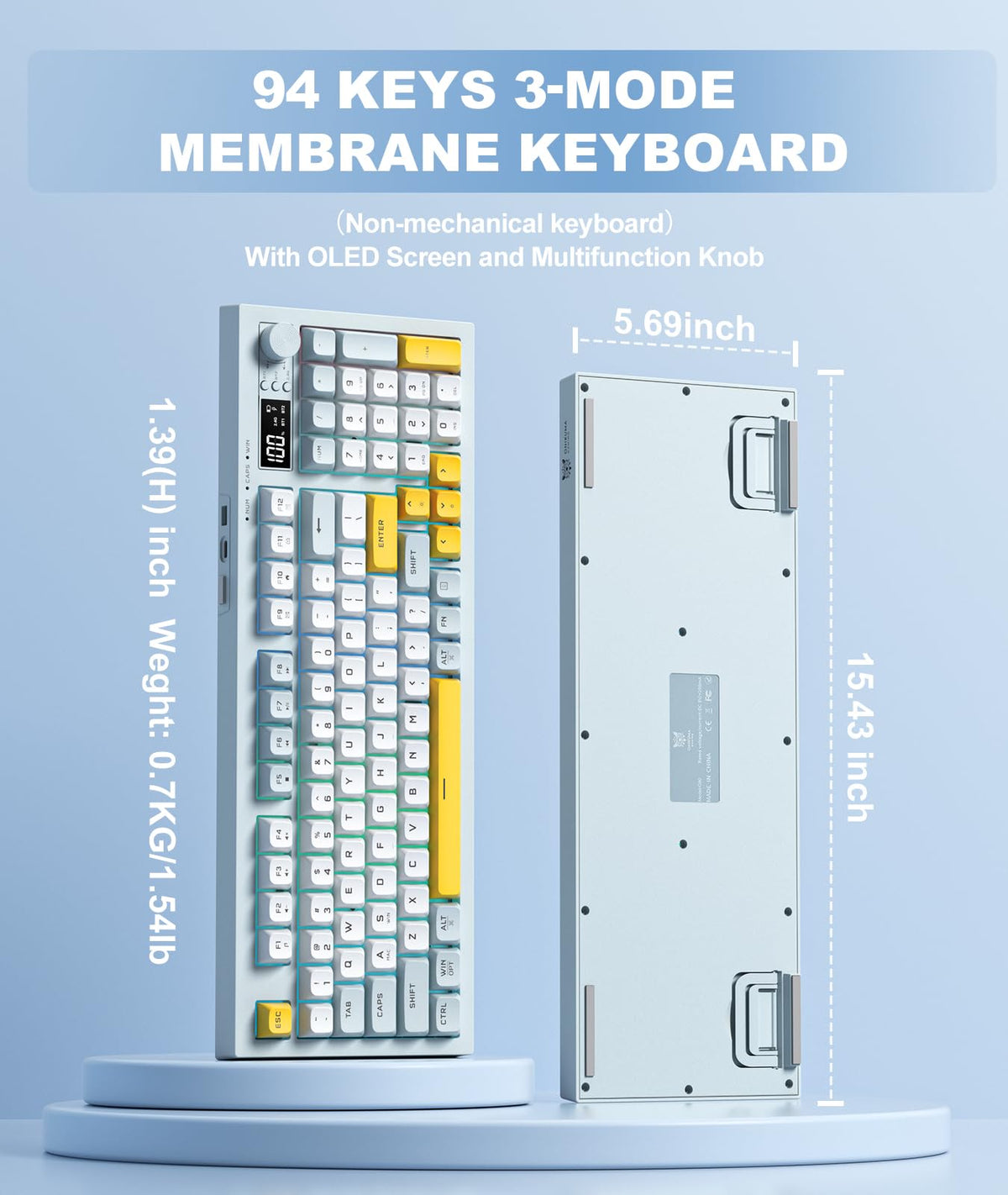 Tri-Mode Wireless Keyboard, BT/2.4G/Wired, Silent Membrane, RGB Backlit, Display Screen & Multimedia Knob, 94 Keys PBT Keycaps for PC Home Gaming