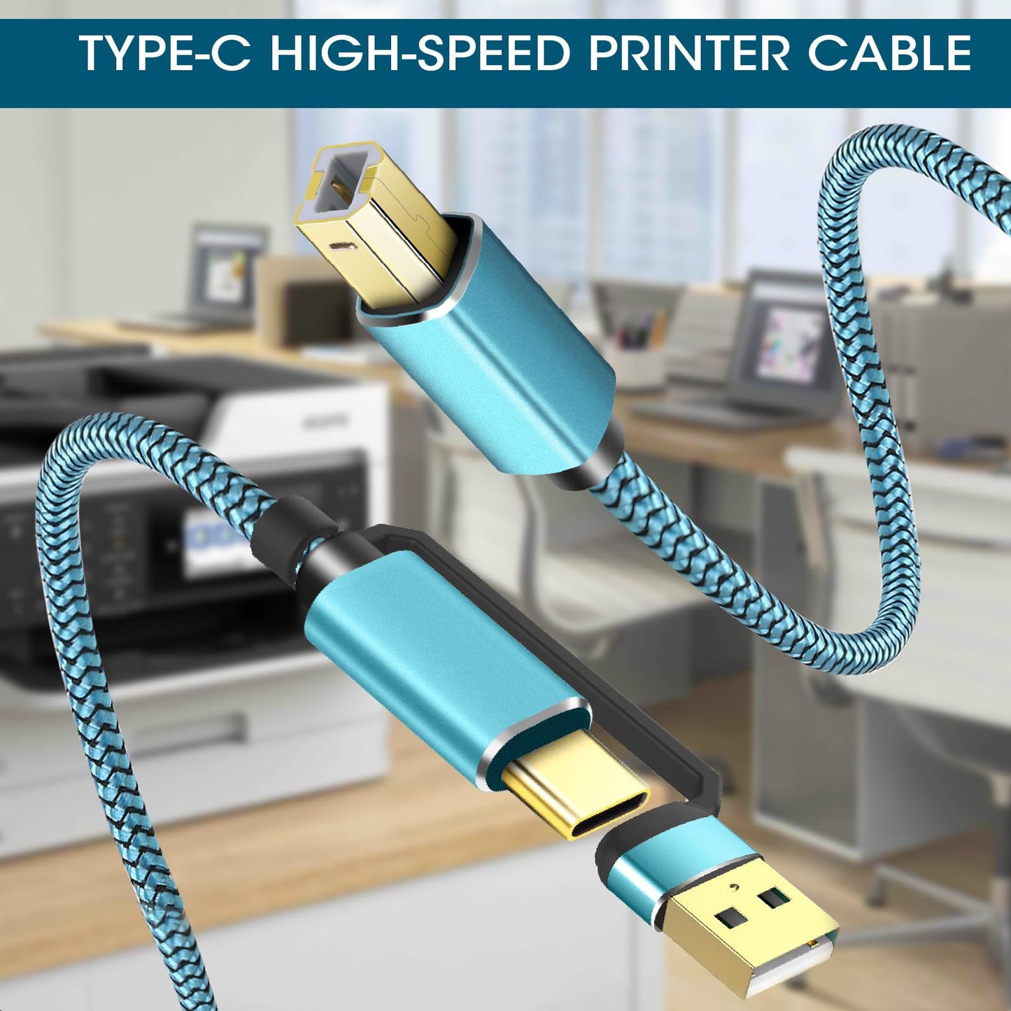 GGMTY Printer Cables 10Feet, USB C/A Printer Cable to USB Nylon Braided [Never Rupture] High-Speed [Plug and Play] ?Cord for HP, Canon, Epson,Dell