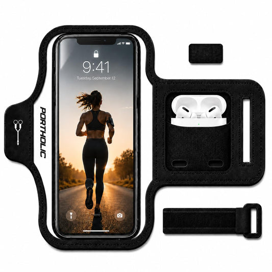 PORTHOLIC 2025 Running Armband Water Resistant Sports Phone Holder Case with Extension Strap, Key Card Slot Up to 6.9" Phone for iPhone 17/16/15/14/13