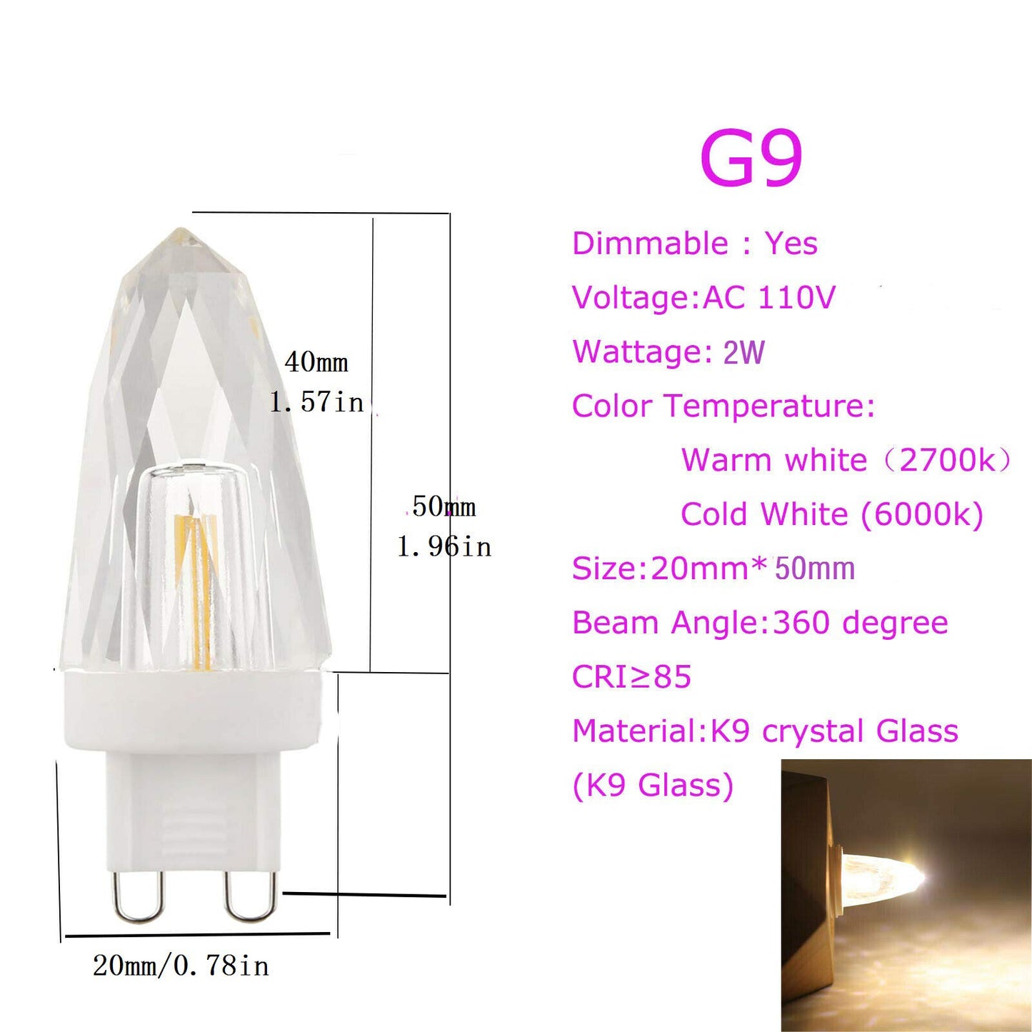 Lxcom Lighting G9 LED Light Bulbs 2W (15W Halogen Equivalent) Dimmable Crystal COB Bulb Warm White 2700K 200LM G9 Base AC110V for Home Lighting, 6