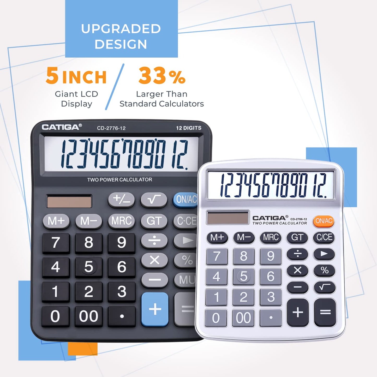 Premium Commercial 12-Digit Large Desktop Calculator with Huge 5-Inch LCD Display Screen, Giant Responsive Buttons, Battery and Solar Powered, Perfect