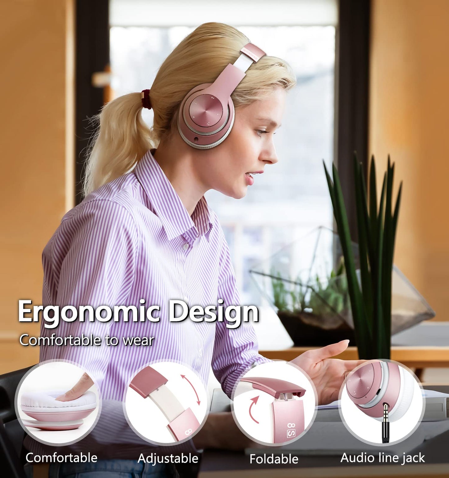Tuitager 9S Over Ear Bluetooth Headphones, 60 Hours Playtime, Hi-Fi Stereo, Deep Bass, Microphone, Foldable, Rose Gold
