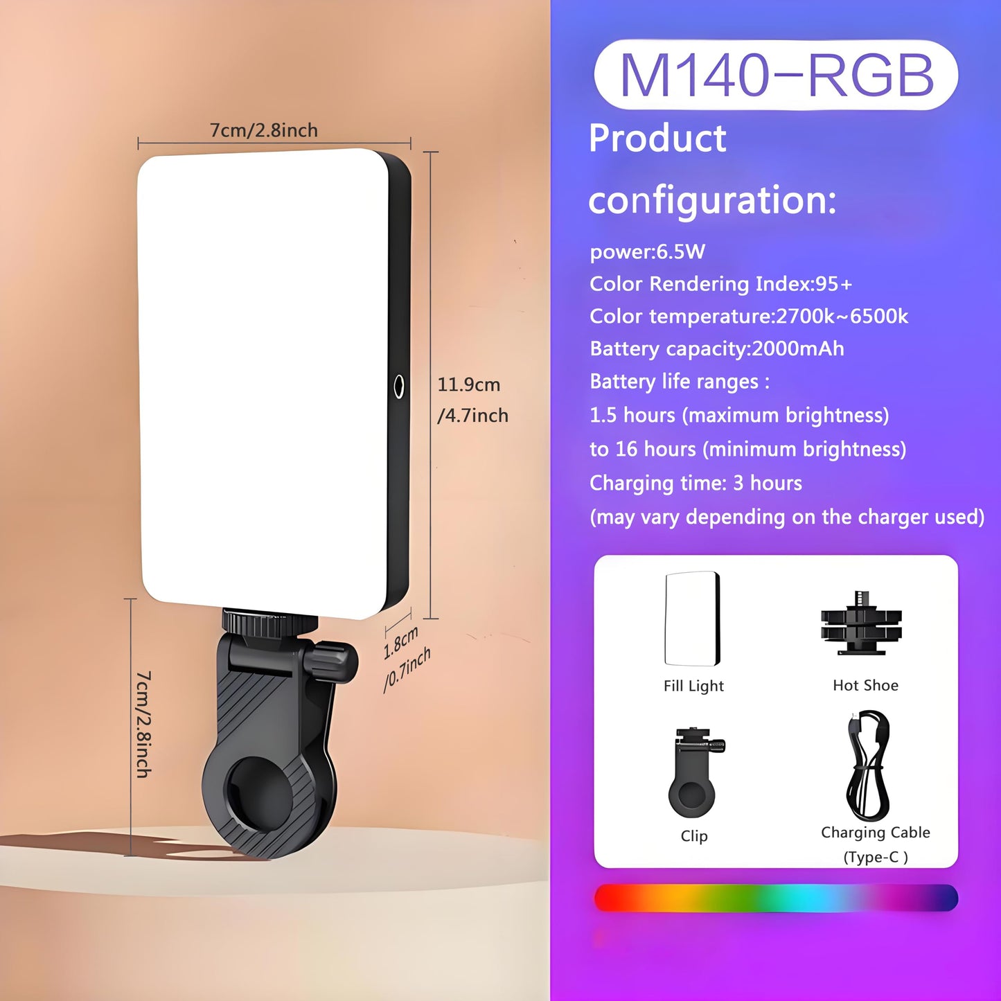 Clip-On Selfie Light, 138 LED, CRI 95+2000mAh, Portable, 3 Light Modes+RGB, with Cold Shoe Mount & Camera Tripod, for Phone iPhone Cameras Webcam