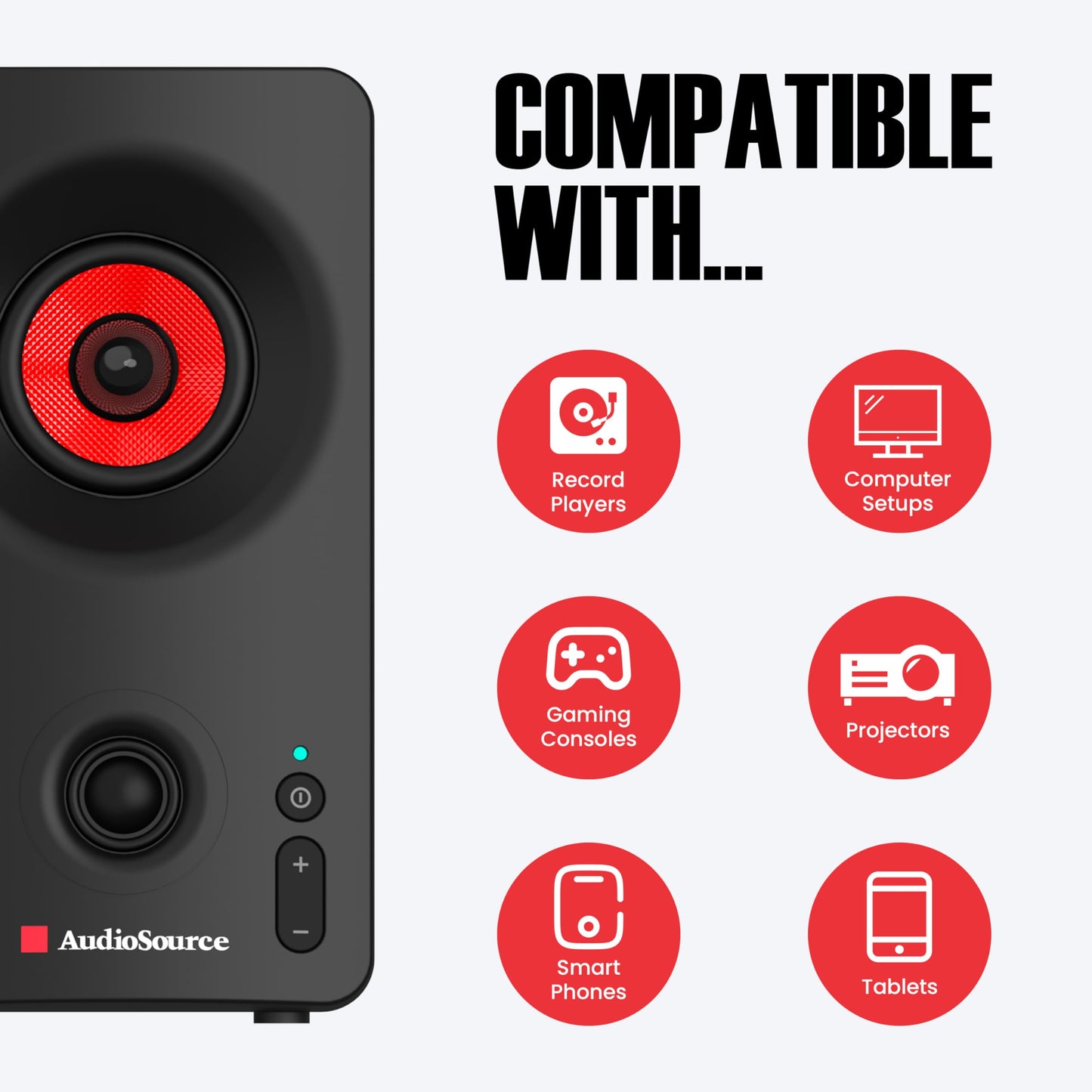 Audiosource Desktop PC Speakers with Bluetooth 5.3, USB-C Plug & Play, 2.0 Stereo Computer Speakers with Dual 2" Drivers, AUX Input, LED Indicator