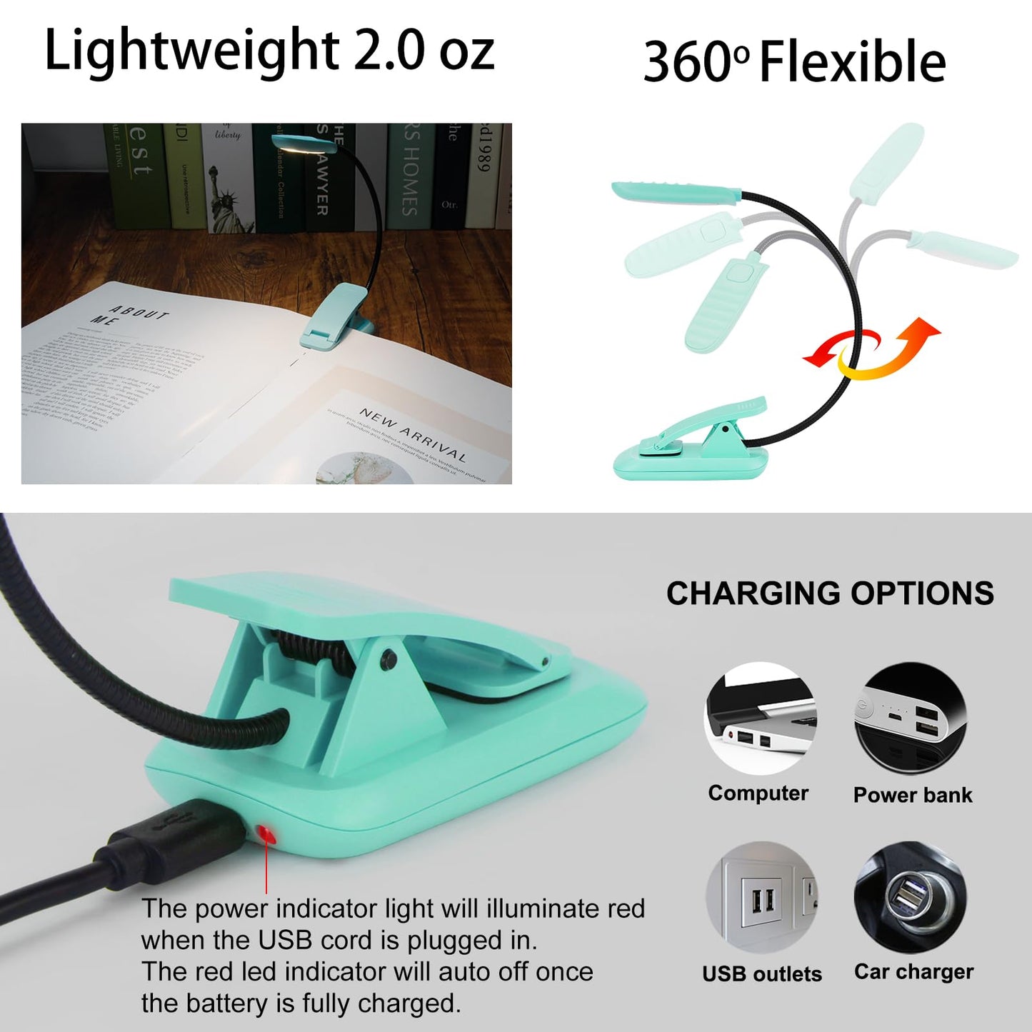 BIGMONAT Rechargeable Book Reading Light, Portable Bendable Neck, Brightness Adjustable with Eye Care Reading, Warm & White LEDs, Perfect for Kids