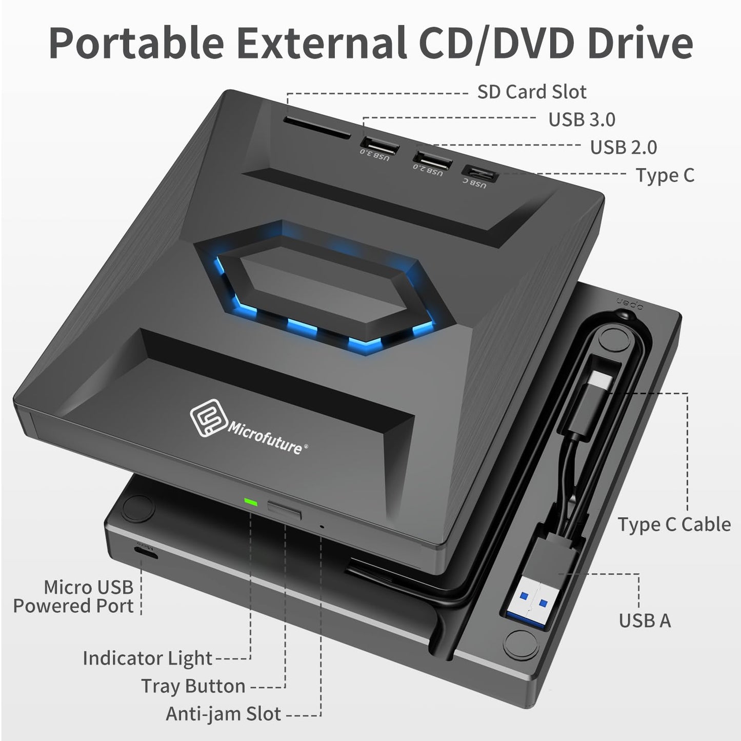 MICROFUTURE Slim Portable DVD Burner, USB 3.0/Type-C Dual Interface, Plug & Play for Laptop/Mac/PC - SD/TF Card Reader, Anti-Vibration & High-Speed