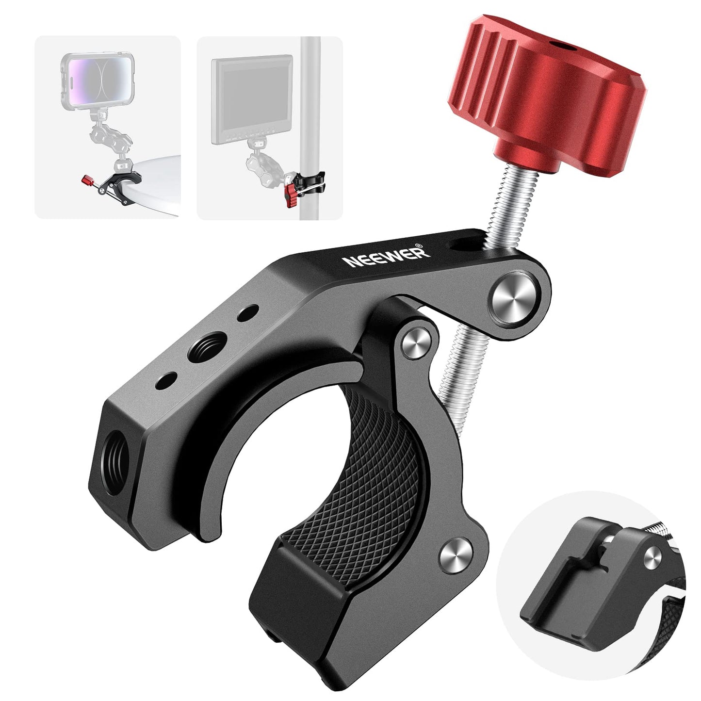 NEEWER Super Clamp with Cold Shoe & 1/4 Inch 3/8 Inch Thread Holes, Max. Load 4 kg, Crab Shaped Camera Tripod Holder for Most Photo Accessories