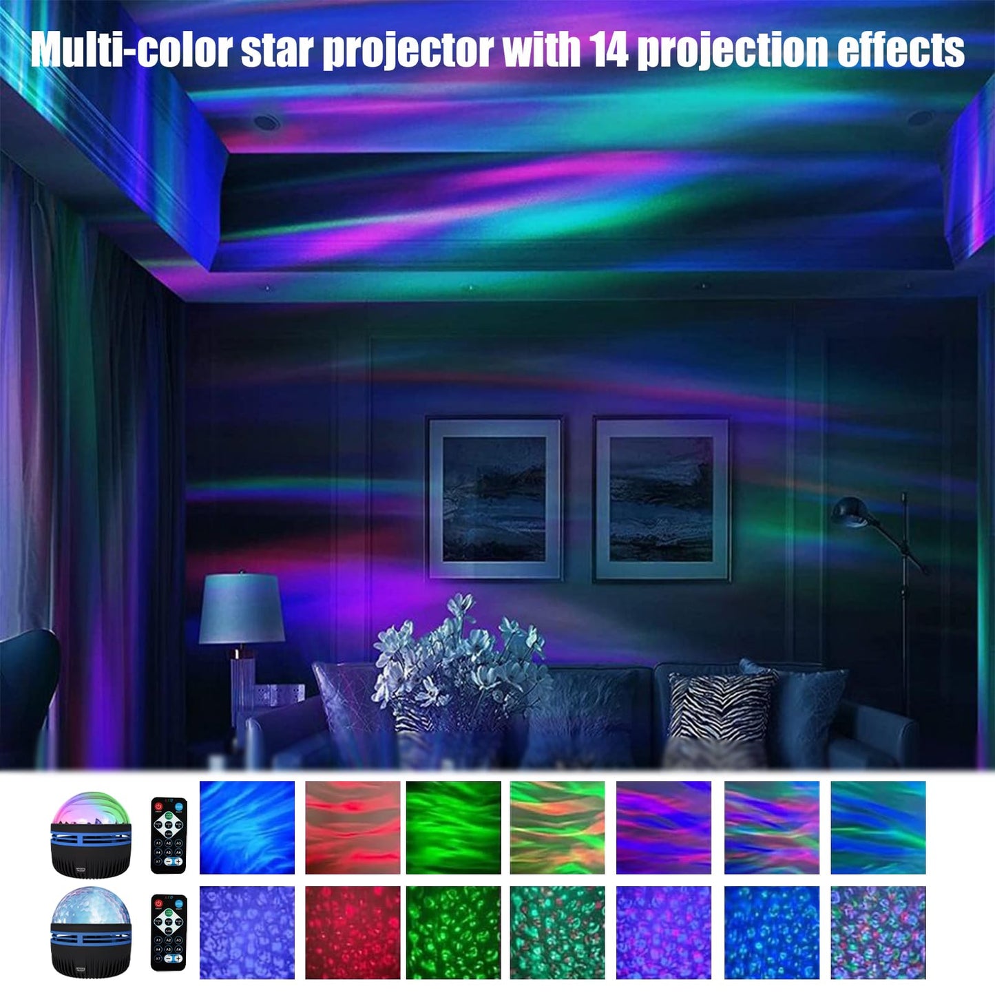 2 in 1 Northern Lights and Ocean Wave Projector with 14 Effects of Galaxy Light for Game Rooms, Parties, Light Projector for Bedroom, Compatible