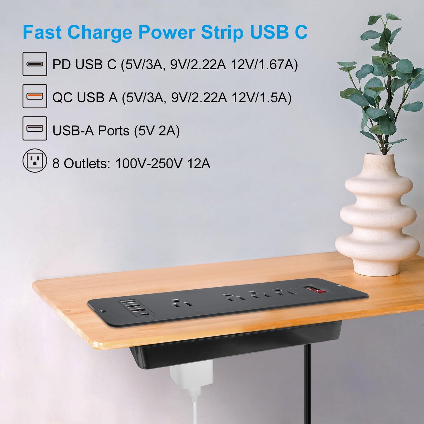 8 Outlets Dual Side USB C Recessed Power Strip Flush Mount Charging Station Built in Desk Multiple Power Socket for Furniture Cabinet Table Conference