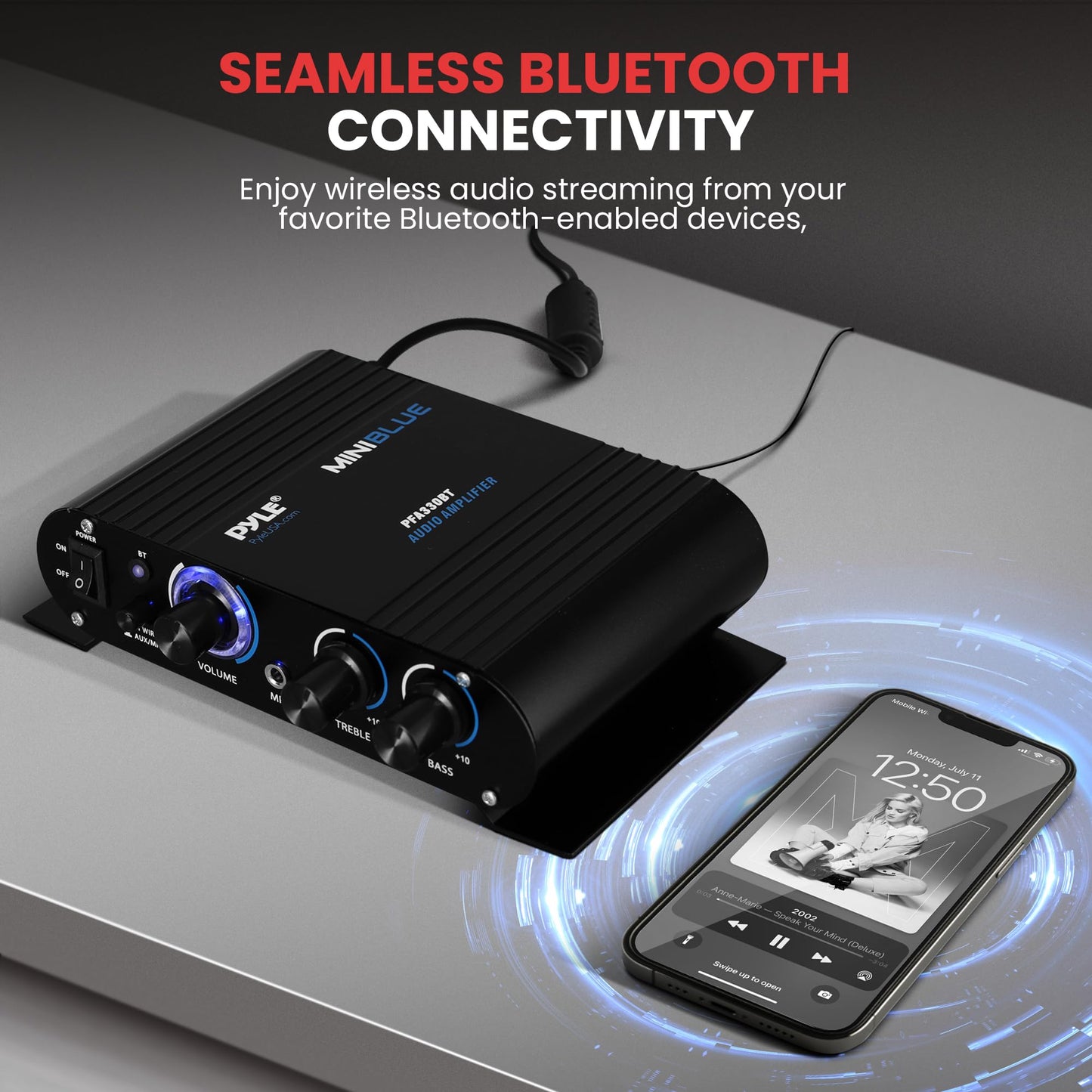 Pyle Wireless Bluetooth Home Audio Amplifier - 90W Dual Channel Mini Portable Power Stereo Sound Receiver w/ Speaker Selector, RCA, AUX, LED, 12V