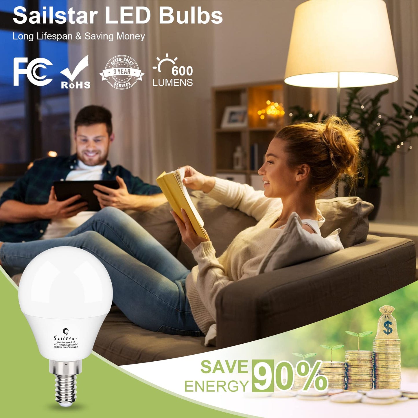 Sailstar Ceiling Fan Light Bulbs, E12 LED Bulb 60W Equivalent, Neutral White 4000K, 600 Lumens, A15 Small Candelabra Base LED Light Bulbs 6W, CRI 85