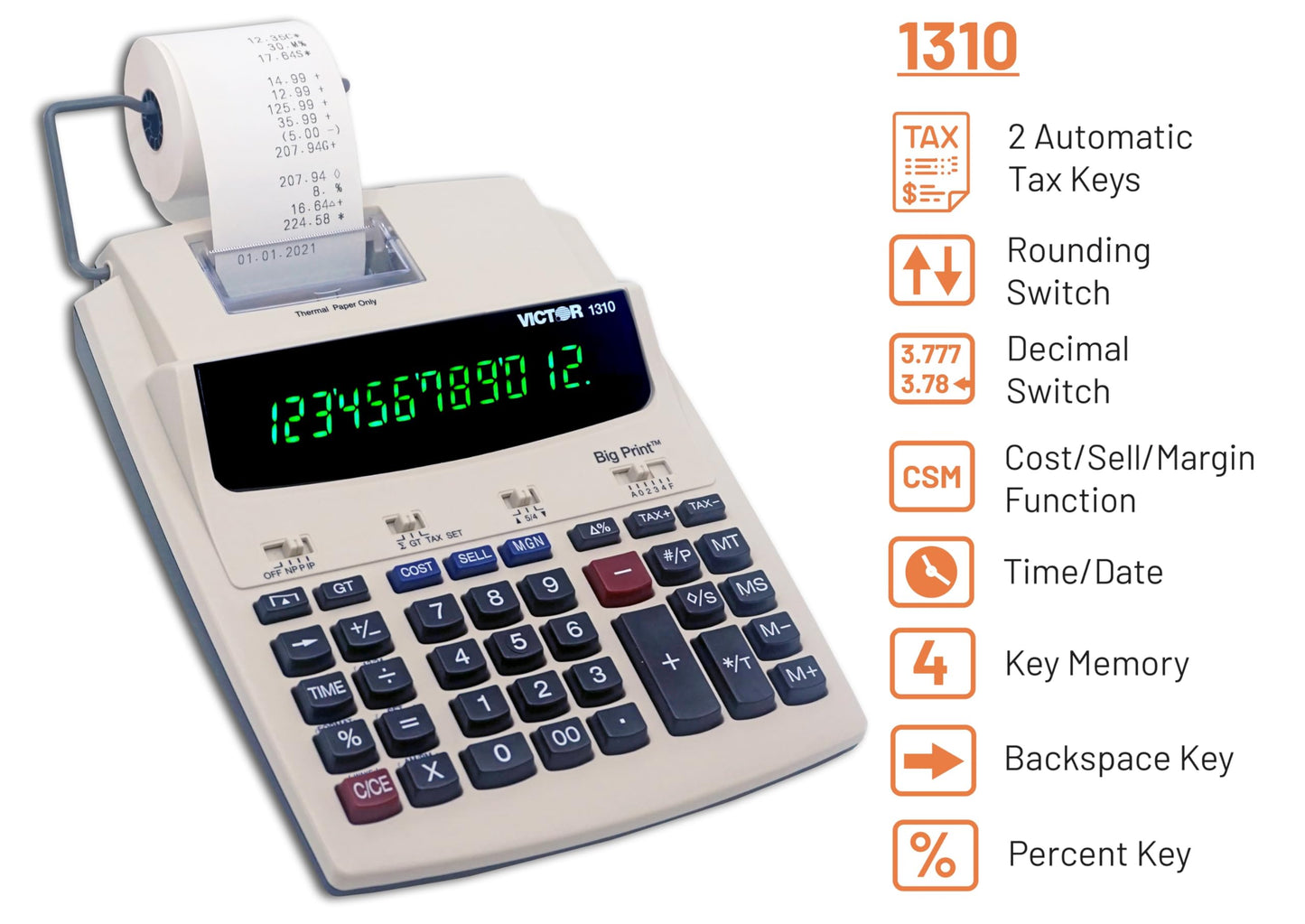 Victor 1310 Big Print Printing Calculator, 12-Digit LED Display, Fast Ink-Free Printing (8.0 LPS), Cost/Sell/Margin Keys, Advanced Business Functions