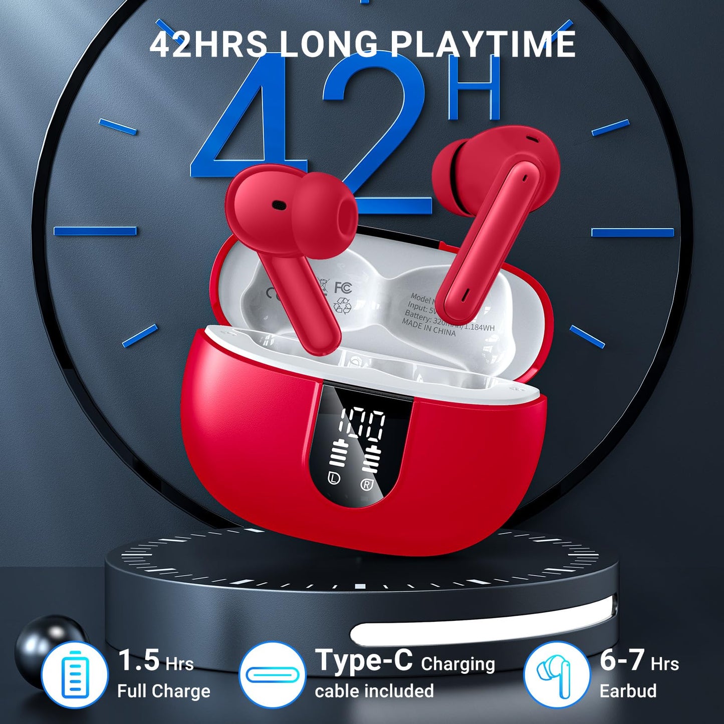 Wireless Earbuds, 2024 Wireless Headphones HiFi Stereo Earphones with 4 ENC Noise Canceling Mic, 42Hs Playtime In Ear Earbud, Bluetooth 5.3 Sport