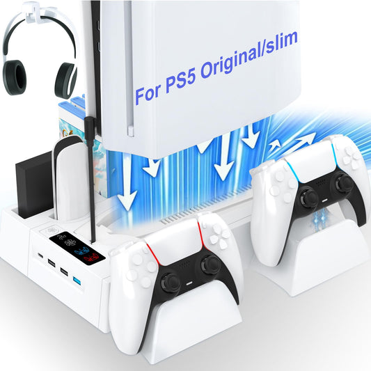 PS5 / PS5 Slim Cooling Station with Controller Charging Station, Cooling Stand for PlayStation 5 Console, PS 5 Dock Accessories Organizer with Storage
