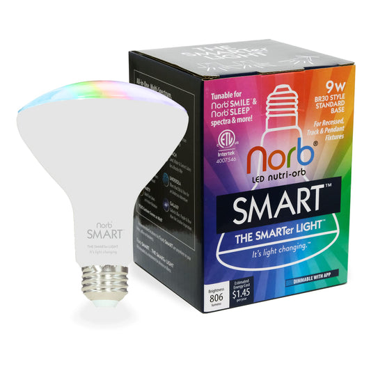 NorbSMART - Circadian Rhythm Supporting Tunable LED w/NorbSMILE, Sleep, Relief, Cozy, and Custom Colors in One Bulb. WiFi Enabled App
