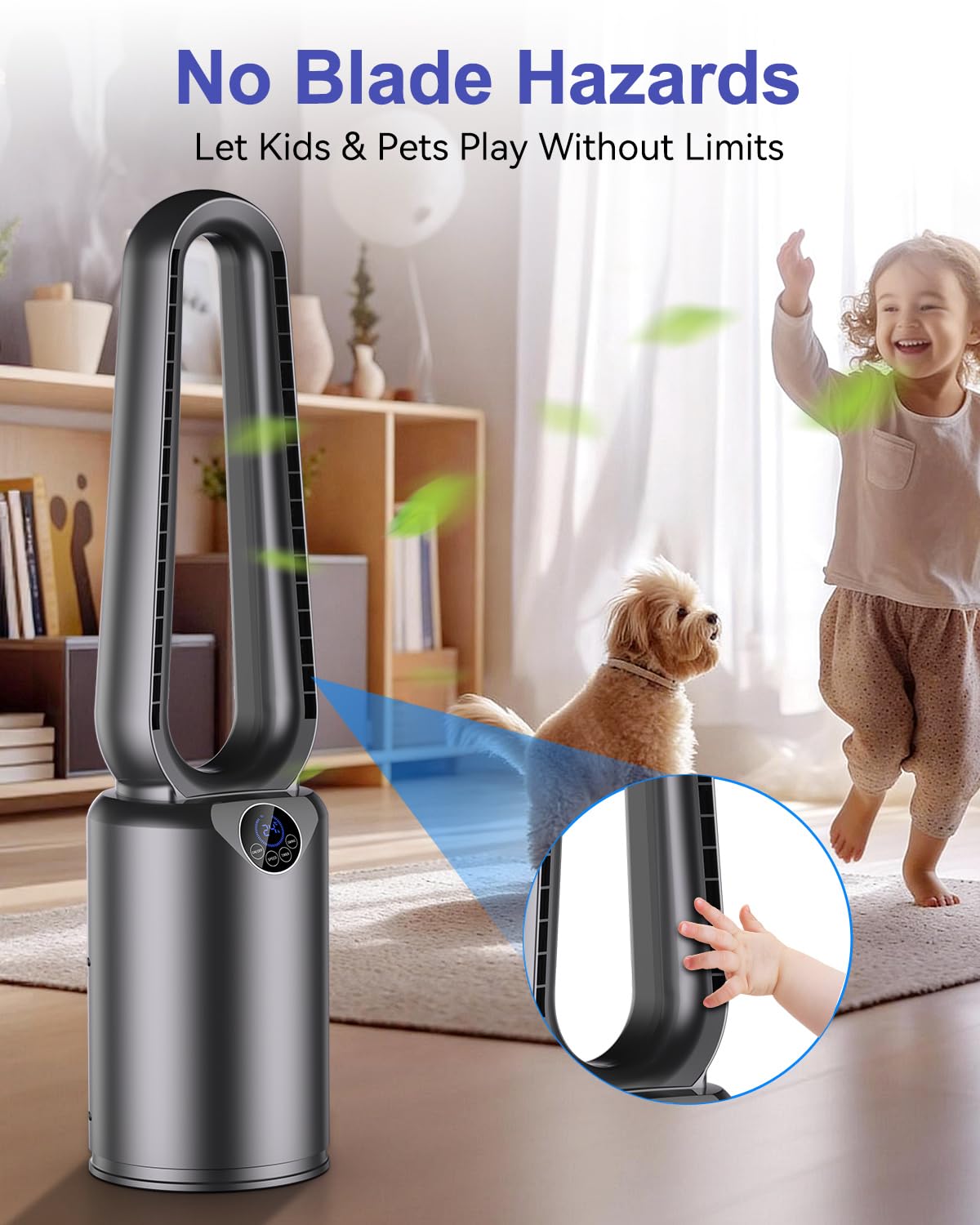 Bladeless Tower Fan with Powerful Airflow, Ultra-Quiet DC Motor (22 dB), 8 Speed Levels & 4 Modes, Remote Control, 12H Timer, 90° Oscillation, Safe