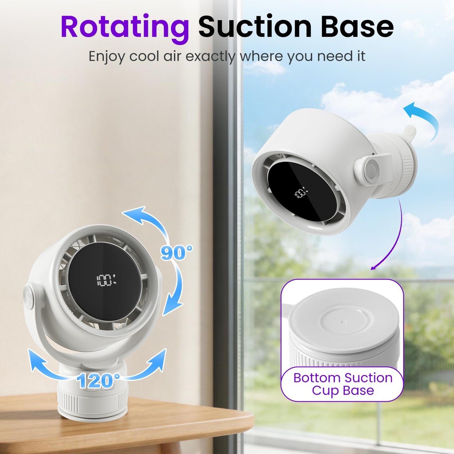 Sowmow Desk Fan - 120° Oscillating Portable Table Fan, Rechargeable Wall Mount Air Circulator with Twist-Lock Suction Cup for Kitchen, Bathroom