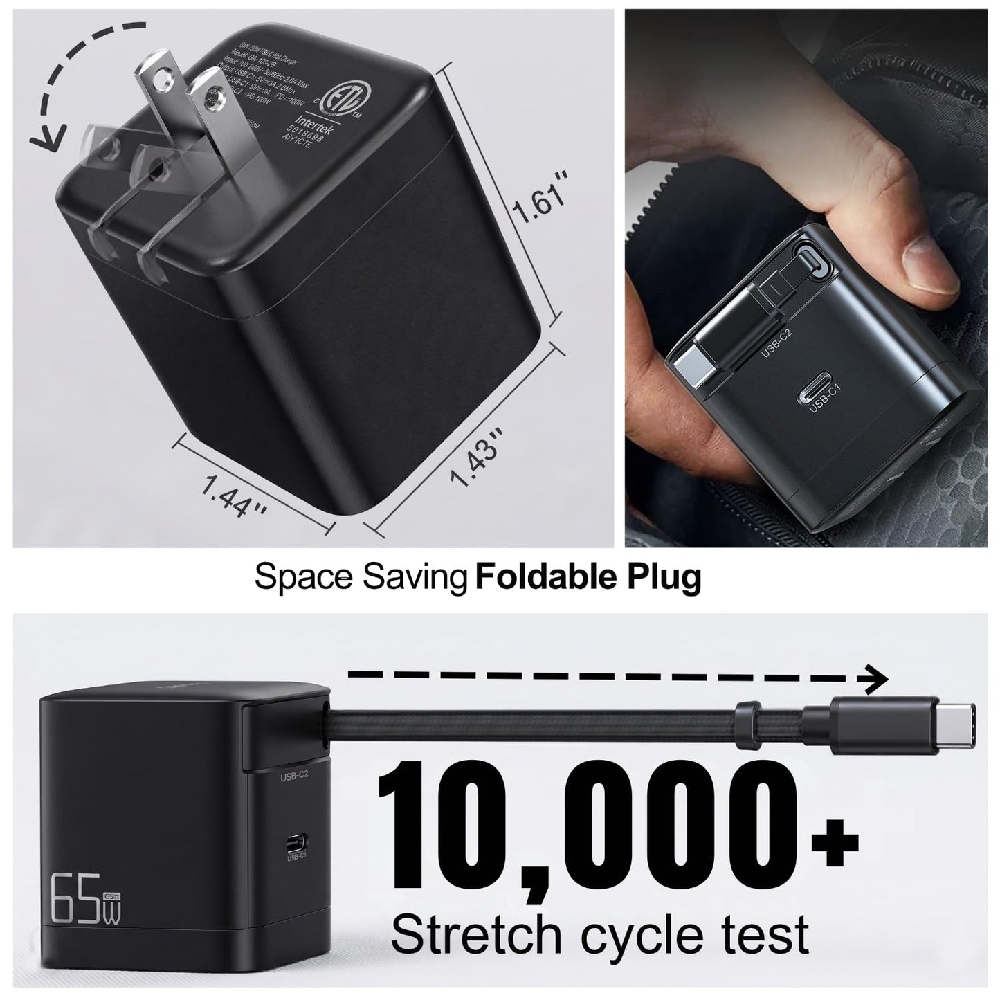 [Esoulk] 65W GaN USB C Charger with 27.5" Retractable Cable, Dual Port Fast Charger with Foldable Plug for iPhone, MacBook & Samsung