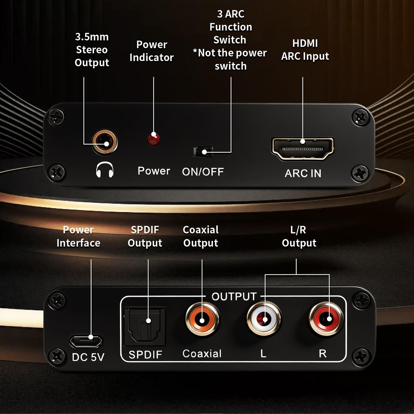 HDMI ARC Audio Extractor, ARC Audio Extractor,Digital to Analog Converter with Optical, Coaxial, RCA & 3.5mm Output, Supports 192KHz, 5.1 Surround