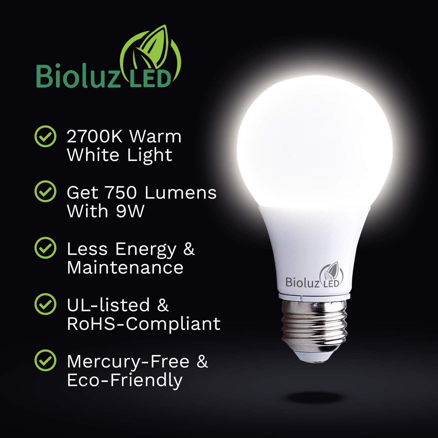Bioluz LED Lights for Bedroom, Equivalent to 60 Watt Led Bulbs, 2700K Warm White, 9W Non-Dimmable A19 LED Light Bulbs, Home Decor LED Lightbulb, 6