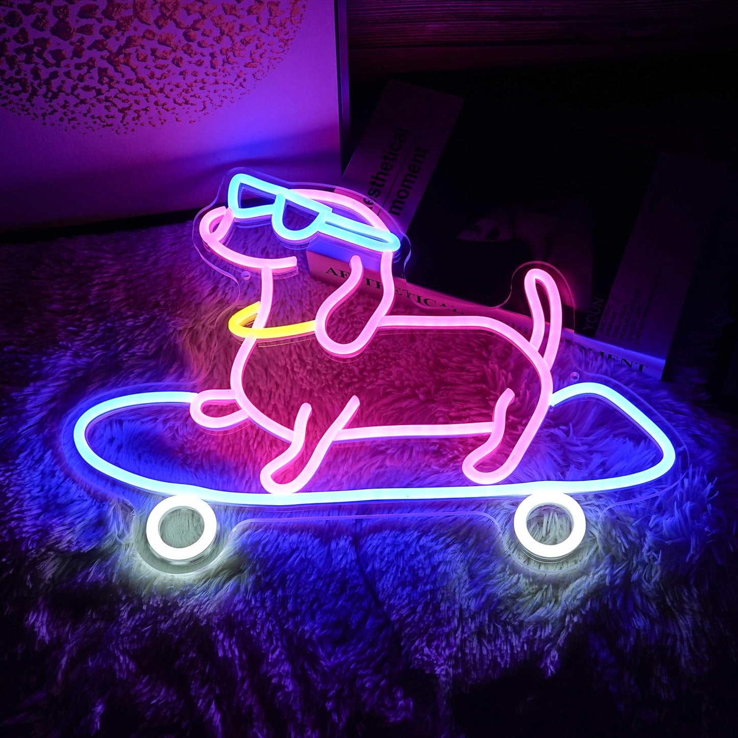 Skateboard Dog Neon Sign Dimmable Funny Dachshund Skateboarding LED Neon Light Wall Art Decor for Bedroom Bar Game Room Cute Pet Lover Gift