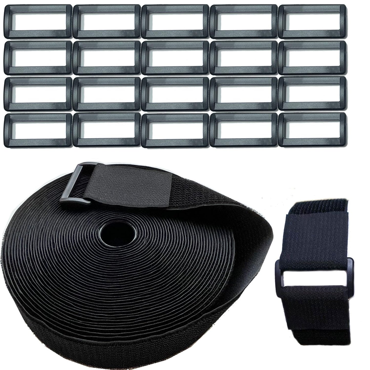 Wide 2" ×40 Ft Long Hook and Loop Cable Straps with 20 Heavy Plastic Buckles, Adjustable Nylon Tie Down Straps,Free Cut Length and Width, Reusable