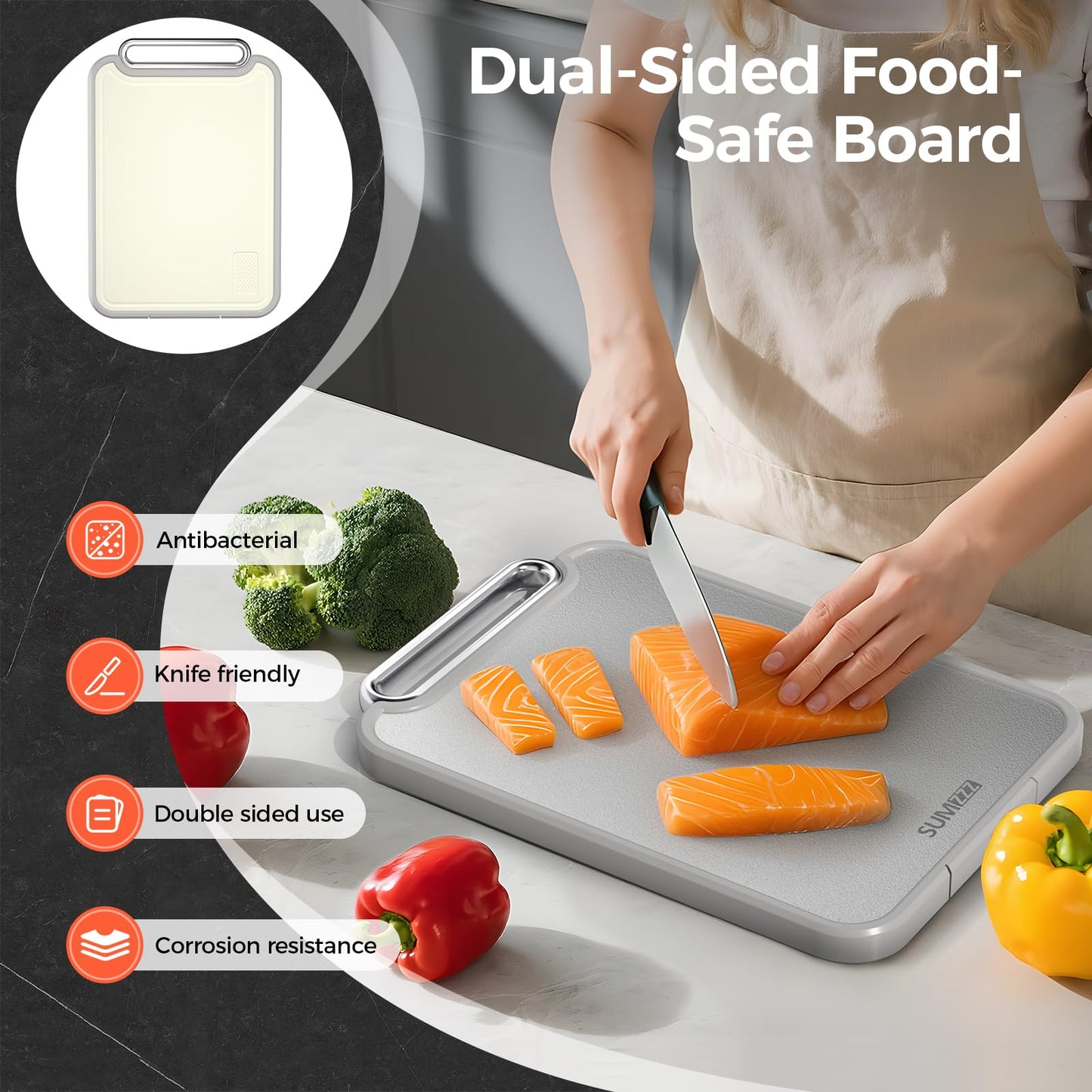 Sumzzz Stainless Steel Cutting Board for Kitchen, 2-in-1 Double-Sided Chopping Board, Food Grade Stainless Steel/PP, Easy to Clean, Large Size…