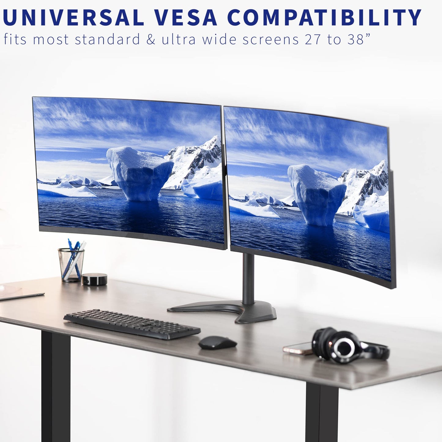 VIVO Premium Dual Ultra Wide LCD LED 27 to 38 inch Monitor Desk Stand, Heavy Duty, Free-Standing Telescoping Arms, Flush Wall Setup, Fits 2 Screens