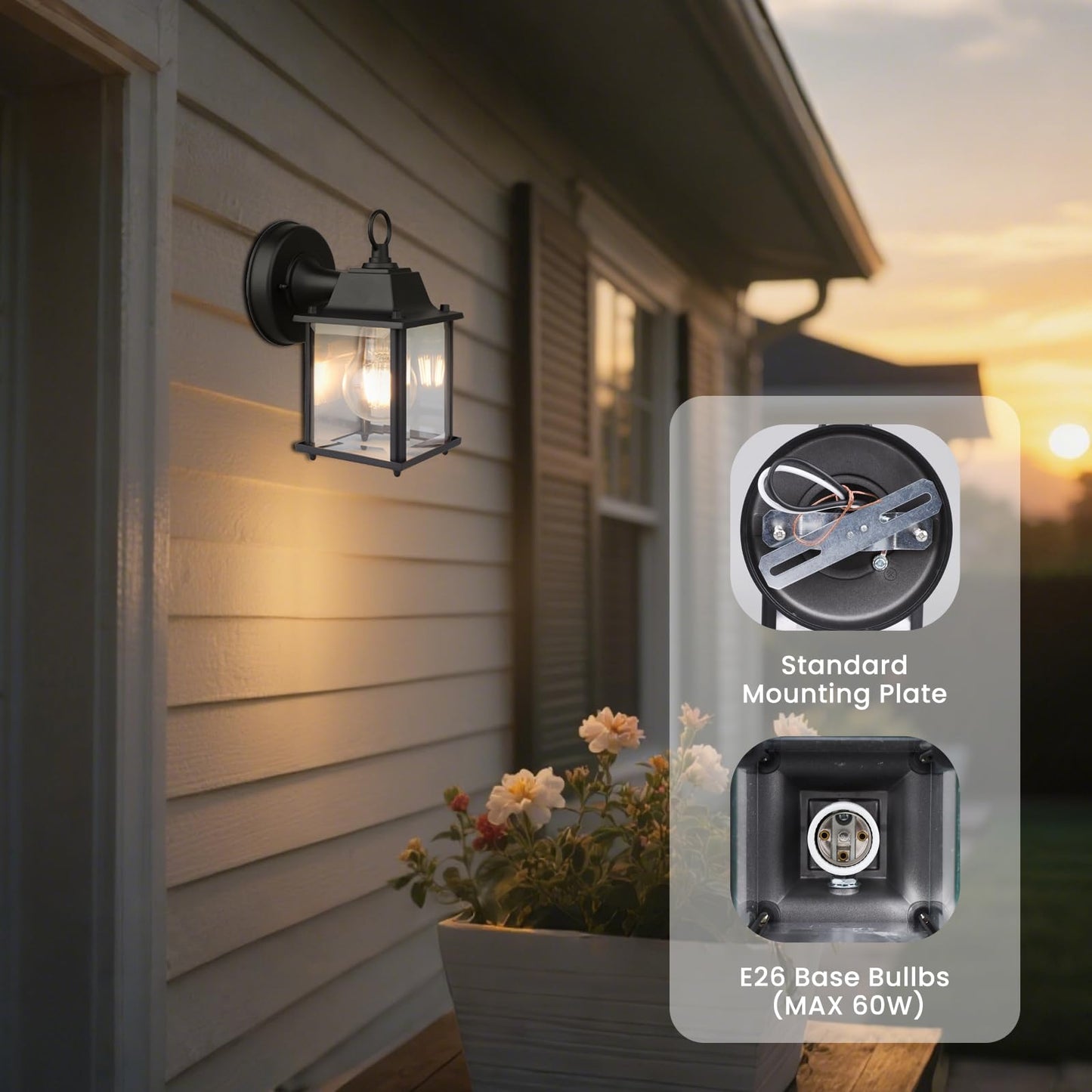 MULANDI Outdoor Light Fixture, Classic Die-Cast Aluminum & Tempered Glass Porch Light for House, E26 Base (60W Max) Waterproof Wall Lantern for Front