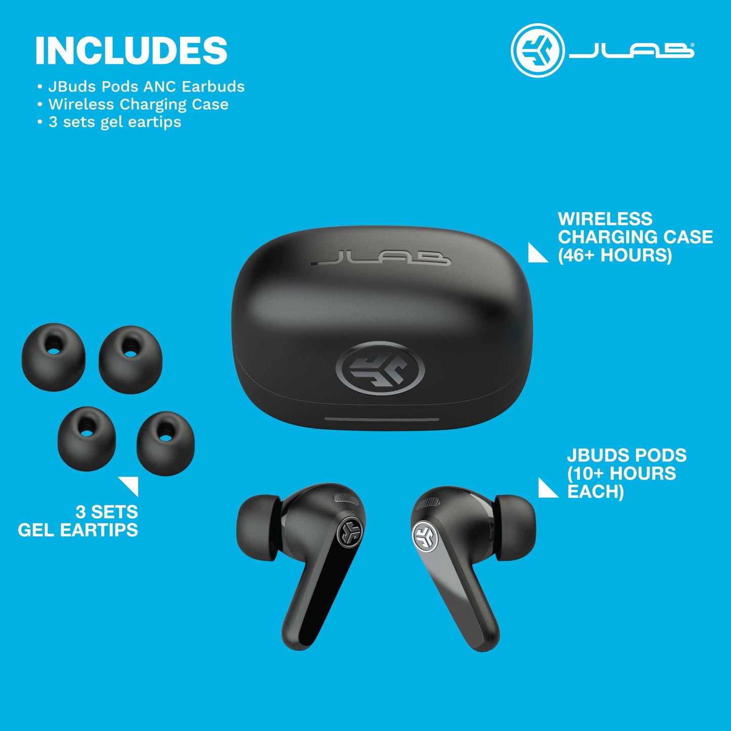 JLab JBuds Pods ANC True Wireless Bluetooth Earbuds, Hybrid Active Noise Canceling, 56+ Hours Playtime, Clear calls, Custom Sound via App, Wireless…
