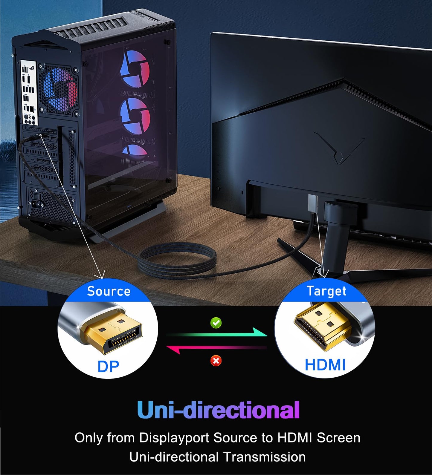 4K DisplayPort to HDMI Cable 6FT, Uni-Direction DP 1.2 (Source) to HDMI 1.4 (Screen), DP to HDMI Cable Adapter Compatible with HP, ThinkPad, AMD