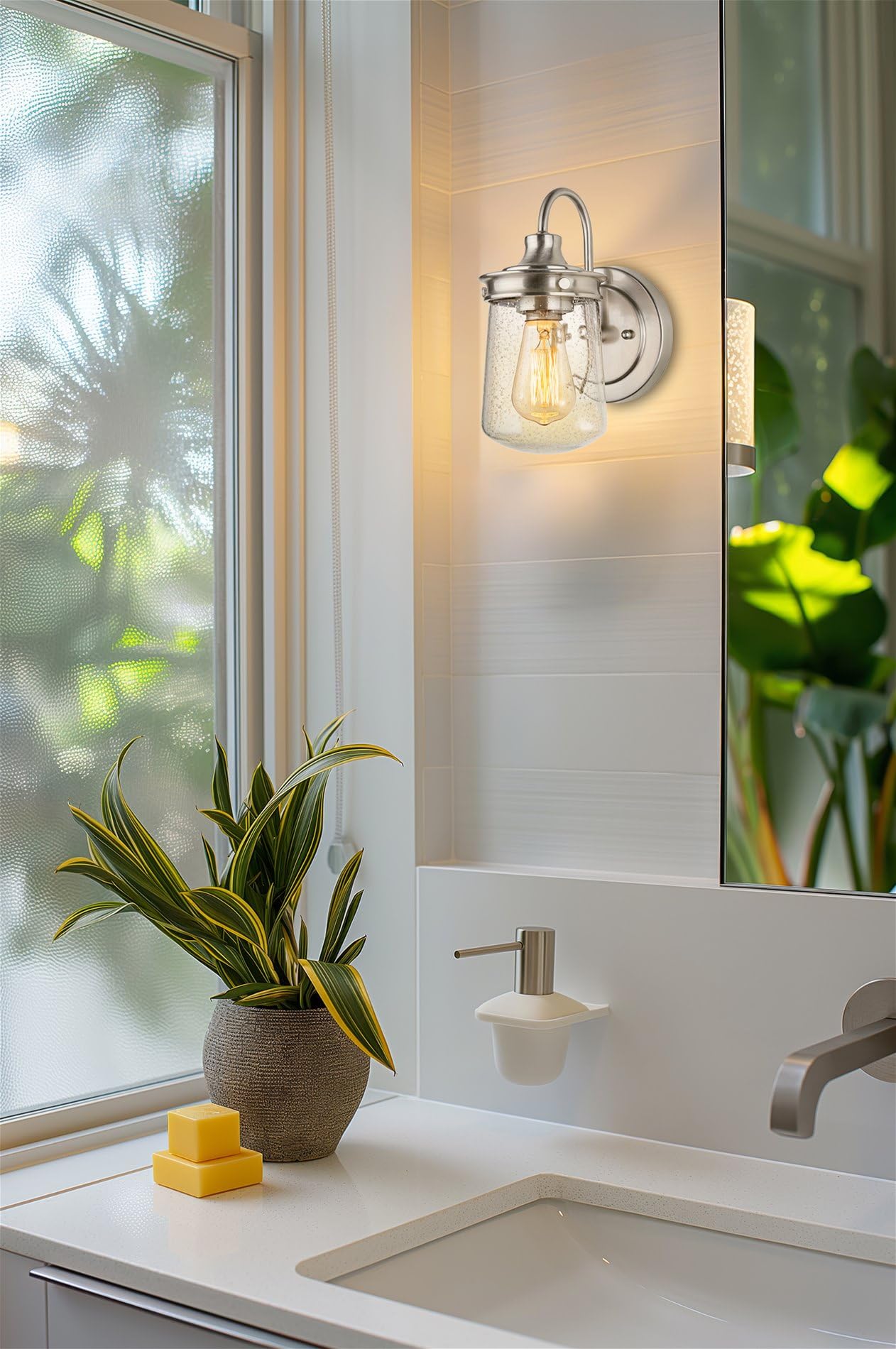 Kira Home Mason 10" Modern Farmhouse Wall Sconce with Seeded Glass Jar Shade, Industrial Silver Gooseneck Wall Light, Brushed Nickel Finish
