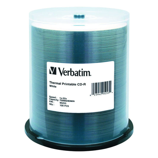 Verbatim 700MB 52x 80 Minute White Thermal Printable Recordable Disc CD-R, 100-Disc Spindle 95253