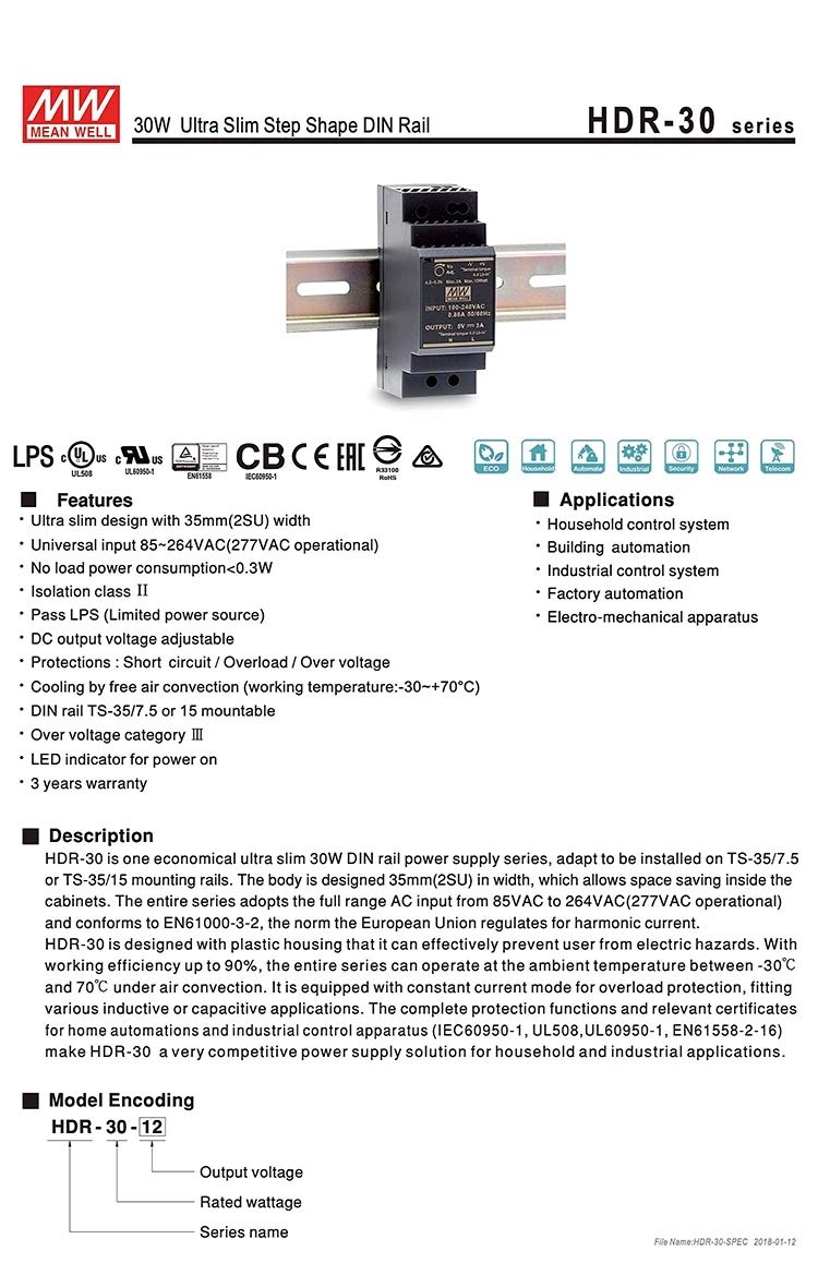 Original Mean Well HDR-30 Series DIN Rail Power Supply 110V/220VAC to 5V 12V 15V 24V 48V DIN Rail Ultra Slim Step Shape Power Supply Isolated LPS CE…