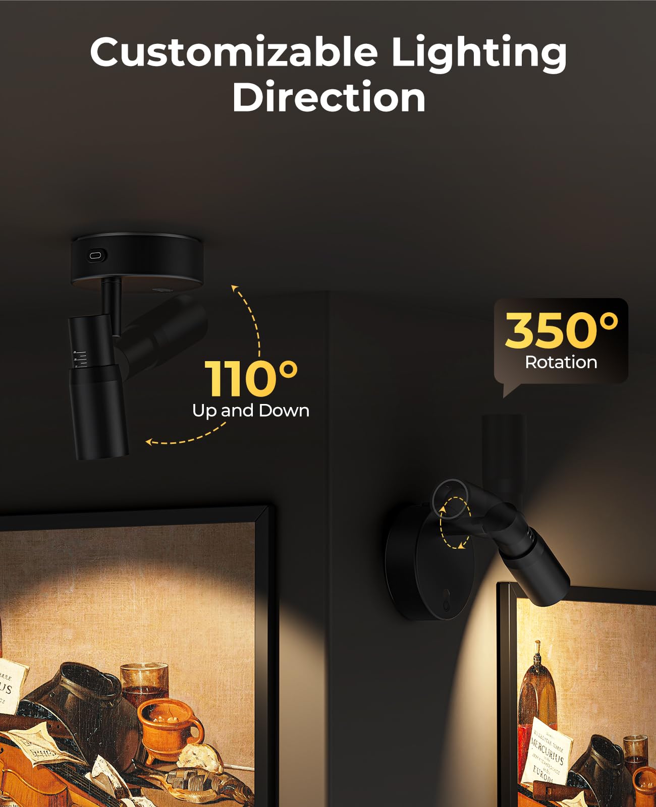 PESUTEN Zoomable Spot Lights Indoor, Rechargeable Picture Light with Remote, Dimmable CCT Spotlight for Wall Art, 6000mAh Uplights with Timer